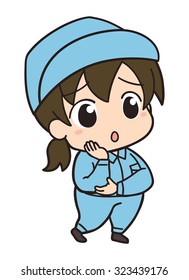 Industrial Worker woman Mascot. worry. Wear a hat.