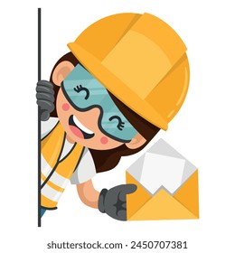 Industrial worker woman peeking out from behind a wall with open letter envelope for email. Concept of communication, notification and contact. Industrial safety and occupational health at work
