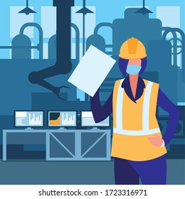 industrial worker woman working with face mask vector illustration design