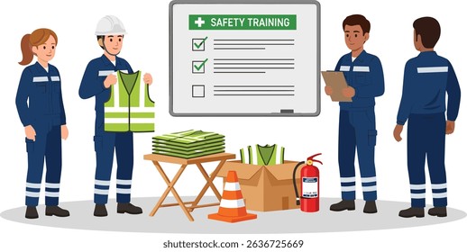Industrial workers attending safety training session with instructor demonstrating high visibility vest and emergency equipment in classroom setting cartoon