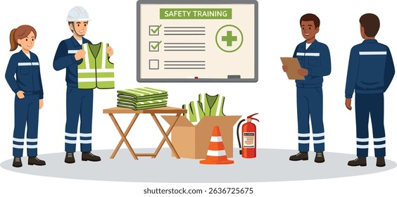 Industrial workers attending safety training session with instructor demonstrating high visibility vest and emergency equipment in classroom setting cartoon