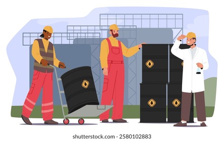 Industrial workers characters loading petrol fuel barrels stacking metal oil containers for distribution after quality control cartoon scene. Oilman team working at refinery plant vector illustration