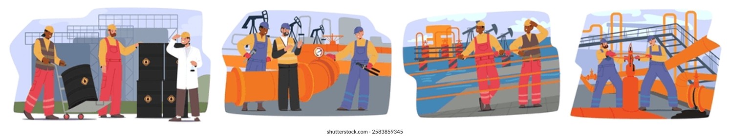 Industrial workers characters working at petroleum factory, oil gas producing derrick fields, pipeline controlling drilling, extraction, transportation and operation vector illustration cartoon scene