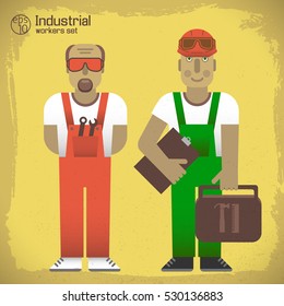 Industrial workers concept with men in overalls and professional instruments on yellow worn background isolated vector illustration