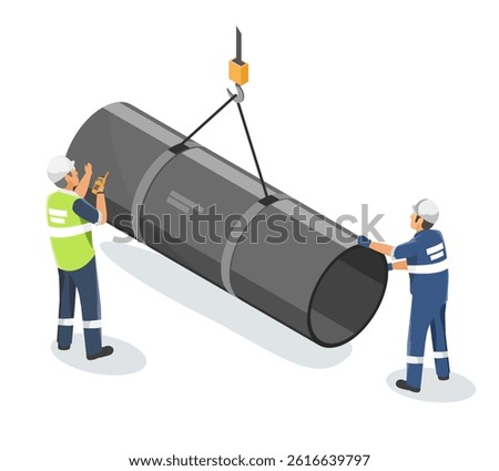Industrial workers coordinating the lifting of a large steel pipeline using a crane, showcasing teamwork and safety procedures in heavy duty construction operations isometric isolated