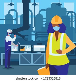 Industrial workers couple working with face mask vector illustration design