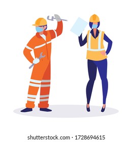 Industrial workers couple working with face mask vector illustration design