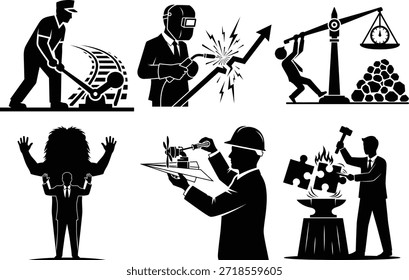 Trabajadores del Industrial comprometidos en diversas tareas aisladas en el fondo blanco, Vector