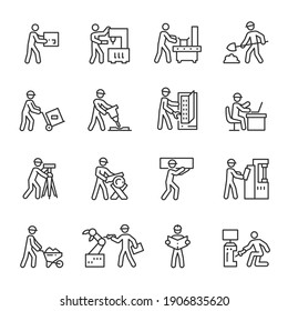 Industrial workers in a factory, icon set. engineer, loader, technician, cnc operator and more. Manufacture, building. Line with editable stroke