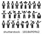 Industrial workers feelings, emotions, and actions icons set. Vector illustrations of construction worker with hard hat and safety vest.