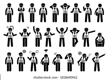 Industrial workers feelings, emotions, and actions icons set. Vector illustrations of construction worker with hard hat and safety vest.