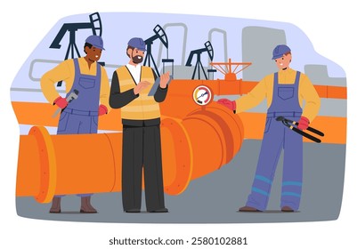 Industrial workers and gas engineer coworking at pipeline of oil petroleum plant cartoon scene. Oilman and mechanics team providing inspection, repair and maintenance service vector illustration