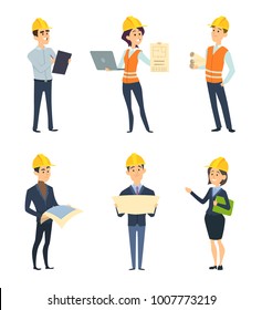 Industrial workers. Male and female architect and engineering. Vector worker construction, female and male engineering and builder character illustration