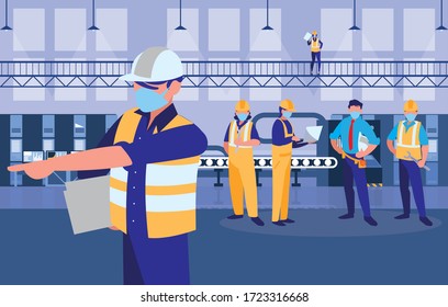 industrial workers men working with face mask vector illustration design