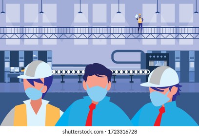 industrial workers men working with face mask vector illustration design