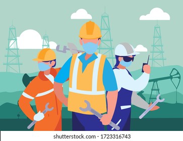 trabajadores industriales trabajando con diseño de ilustración vectorial de máscara facial