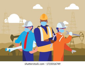 industrial workers men working with face mask vector illustration design