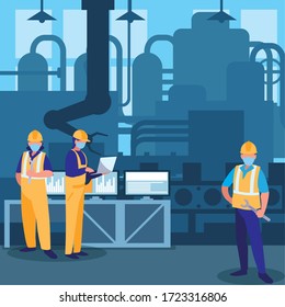 industrial workers men working with face mask vector illustration design