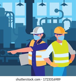 industrial workers men working with face mask vector illustration design