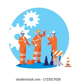 industrial workers men working with face mask vector illustration design