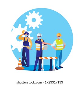 industrial workers men working with face mask vector illustration design