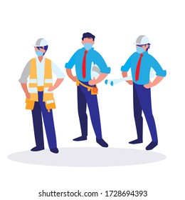 industrial workers men working with face mask vector illustration design