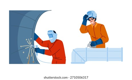 Trabajadores de Industrial que realizan operaciones de soldadura creando chispas en una Grande estructura metálica y otro trabajador que instala una tubería con un casco protector y guantes, que representan mano de obra calificada