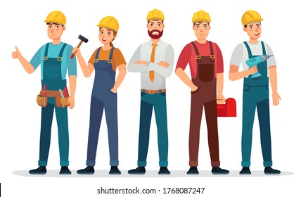 Industrial workers. Professional technician, mechanical engineer with helmet and professionals expert group cartoon vector illustration. People in uniform with equipment as hammer, tool box