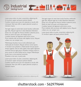 Industrial workers in red uniform and set of instruments icons on light background vector illustration