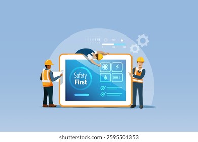 Industrial workers with safety first check list dashboard on digital tablet. Safety first warning and awareness to prevent from accident at construction site. Vector.