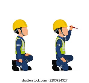 Industrial workers with screwdriver tester on white background