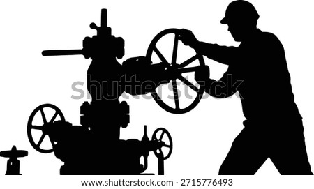 Industrial workers silhouette vector illustration operating large valve machine for engineering factory and production concepts.