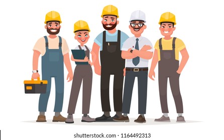 Industrial workers. Team of builders. Engineer, technician and workers of different professions. Labor Day. Vector illustration in cartoon style