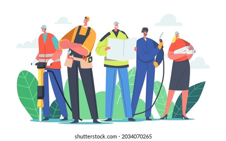 Industrial Workers Team Male and Female Characters. Builder, Engineer or Foreman with Tools and Blueprint. Architect with House Plan, Welder, Constructor in Helmets. Cartoon People Vector Illustration