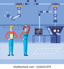 industrial workers in technified factory vector illustration design