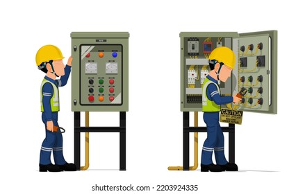 Industrial workers use clamp meter to measuring electric current in the electrical control cabinet