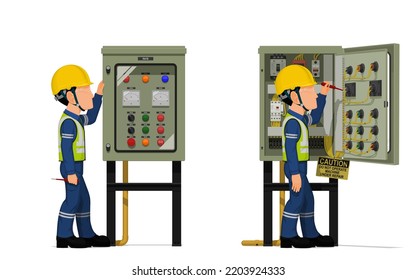 Industrial workers use screwdriver tester to measuring electric current in the electrical control cabinet