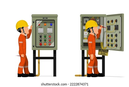 Industrial workers use screwdriver tester to measuring electric current in the electrical control cabinet