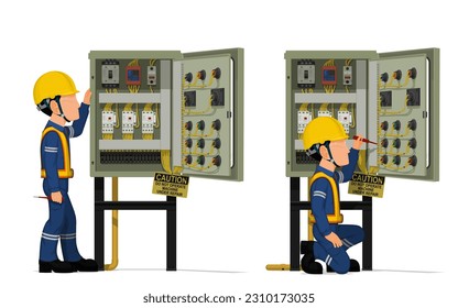 Industrial workers use screwdriver tester to measuring electric current in the electrical control cabinet