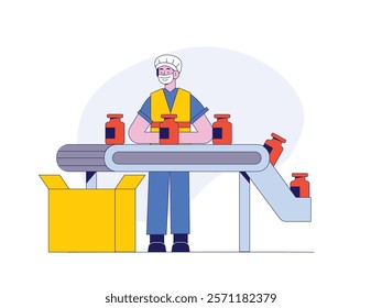 Industrial workers wearing head coverings and masks are working, product conveyor is running. Character design. Vector flat illustration
