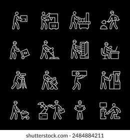 Industrial workers, white line icons. Engineers, loaders, technicians, and CNC operators in a factory setting. industrial and manufacturing themes. Symbols on black background. Editable stroke.