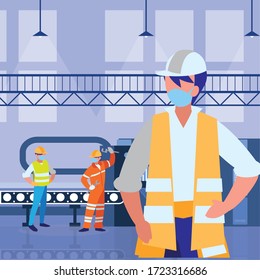 Industrial workers working with face mask vector illustration design