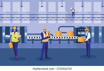 Trabajadores industriales que trabajan con el diseño de ilustraciones vectoriales con máscara facial