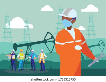 Industrial workers working with face mask vector illustration design