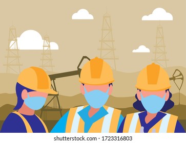 Industriearbeiter, die mit Vektorgrafik-Design mit Gesichtsmaske arbeiten