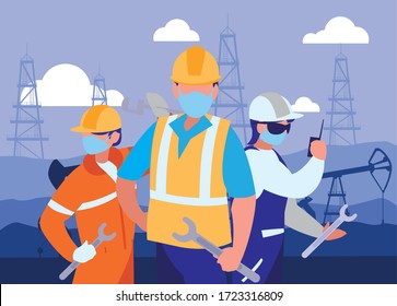 Industrial workers working with face mask vector illustration design