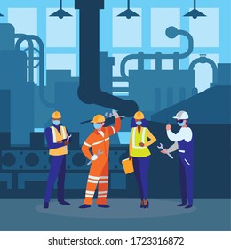 Industrial workers working with face mask vector illustration design