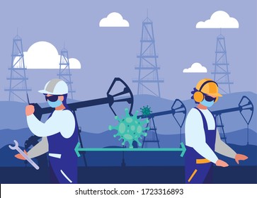 Industrial workers working with safety rules vector illustration design