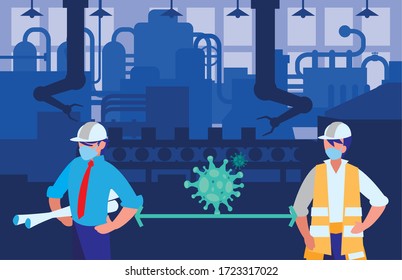 Trabajadores industriales que trabajan con normas de seguridad diseño de ilustración vectorial