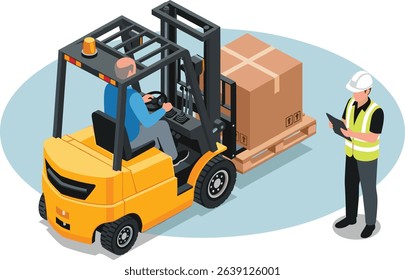 Industrial workplace accident risk with overloaded forklift and shocked worker in unsafe cargo handling situation isometric cartoon